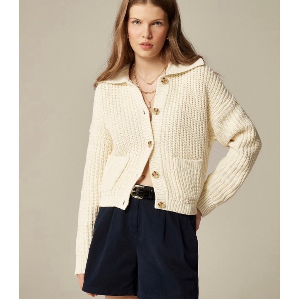 J. Crew Collared Crewneck Knit Pocket Front Cream Preppy Cardigan Medium